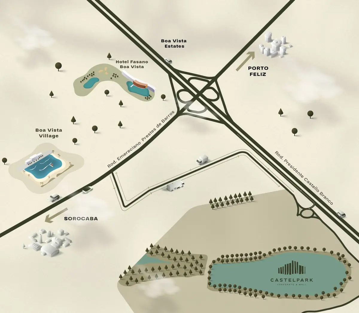 Mapa ilustrado de acesso ao Castelpark pela Rodovia Castello Branco e Rod. Emereciano Prestes de Barros